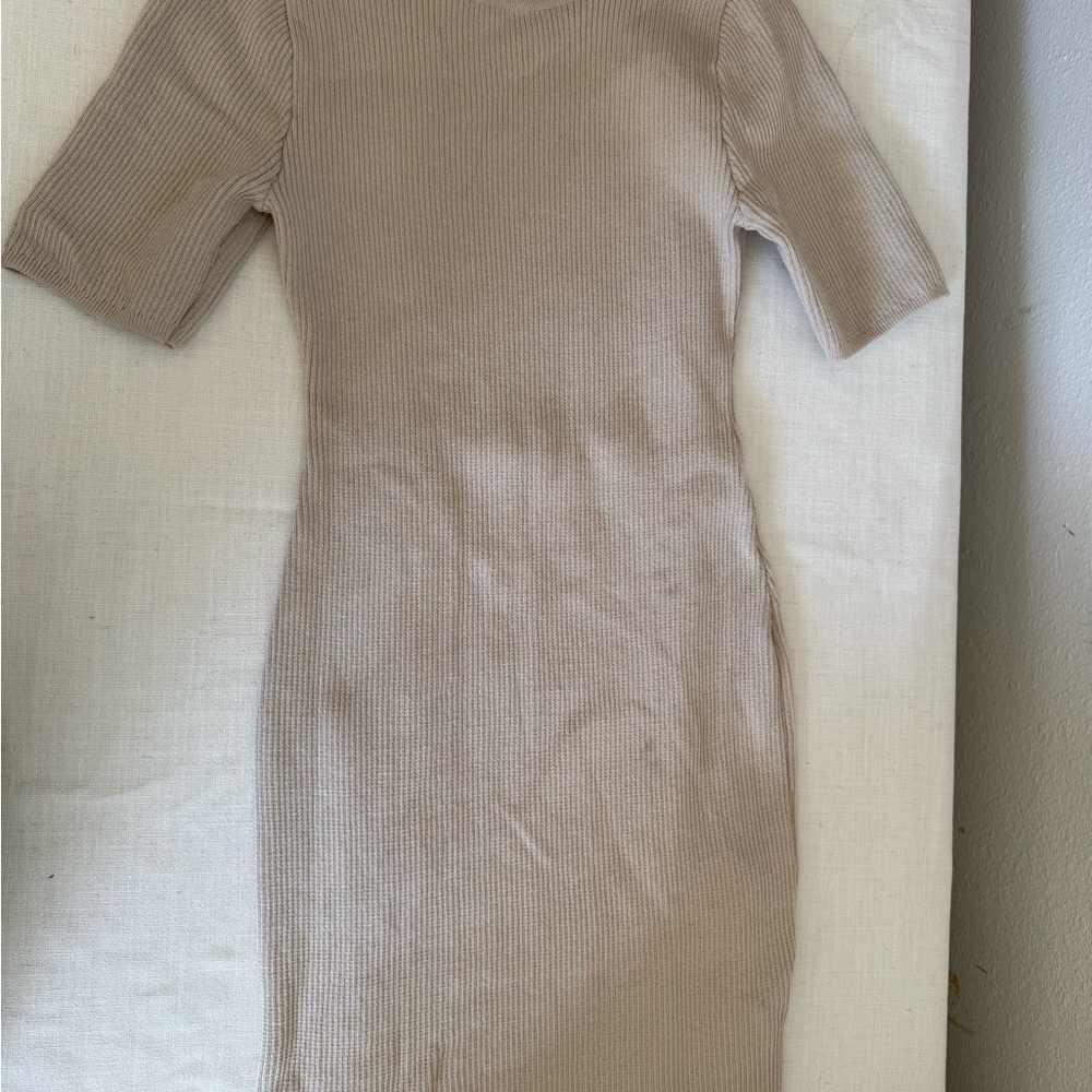 Beige Long Sleeve Ribbed Dress